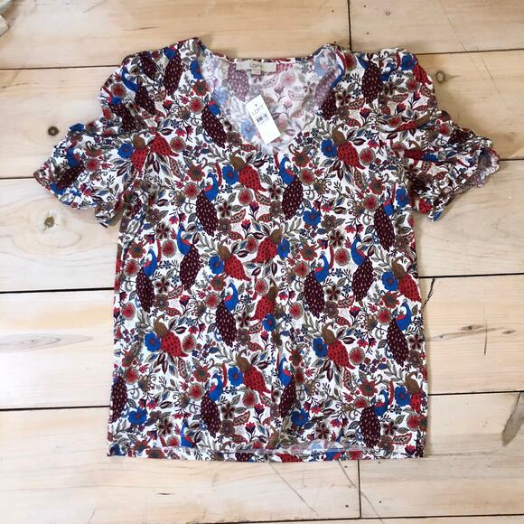 Loft NWT Women's Red Floral V-Neck Ruched Sleeve Blouse Size L - Picture 8 of 10